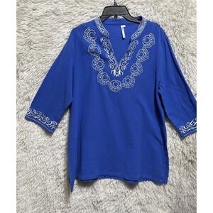 Lulu B Women Blue Cotton Floral Bohemian V-Neck Tunic 3/4 Short Sleeve Size L